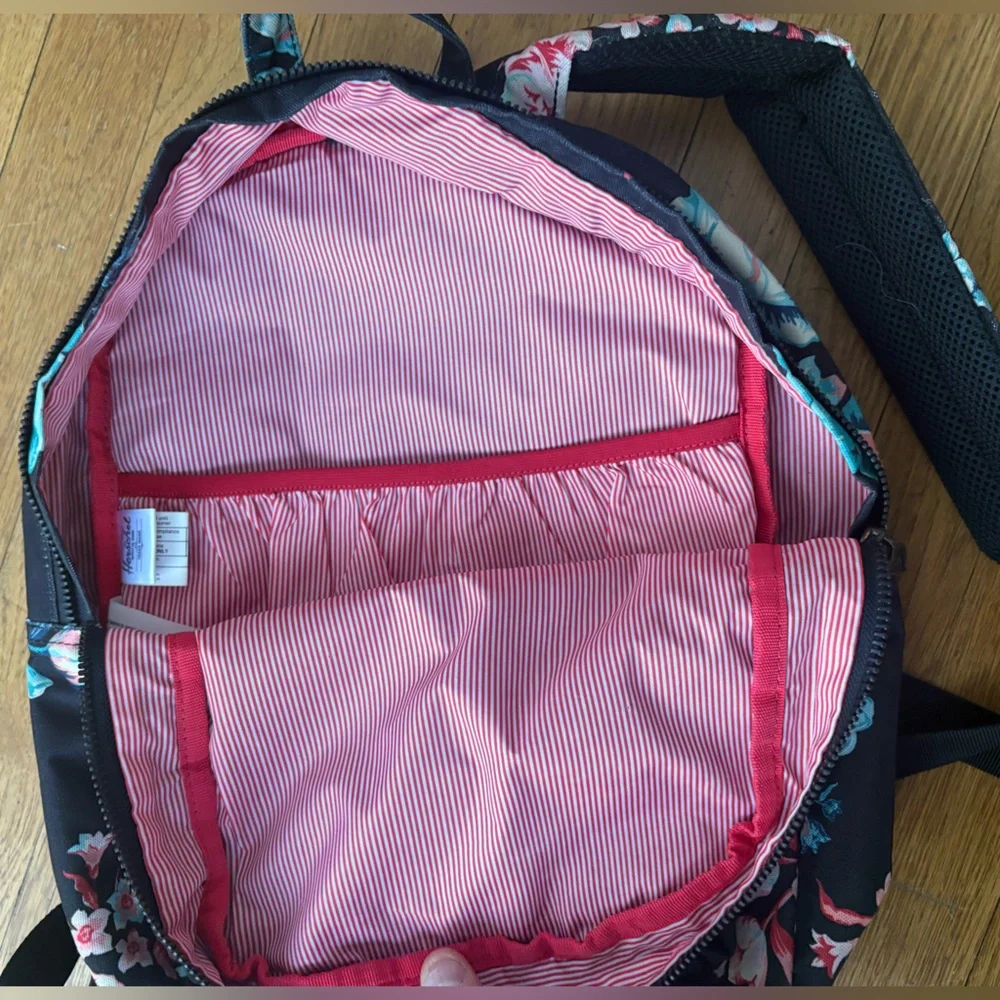 Herschel Backpack Black w/ Multicolor Floral Pattern Striped Lining Front Pocket